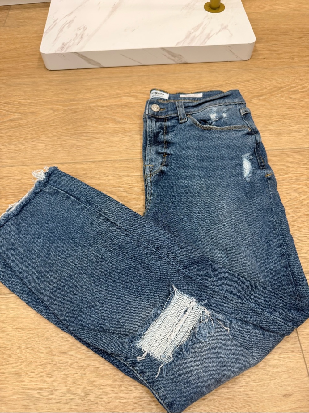 Kensie Dark Medium Blue Distressed Boyfriend Jeans